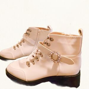 Nanette Lepore White Lace Up Boots with Jewel Accent